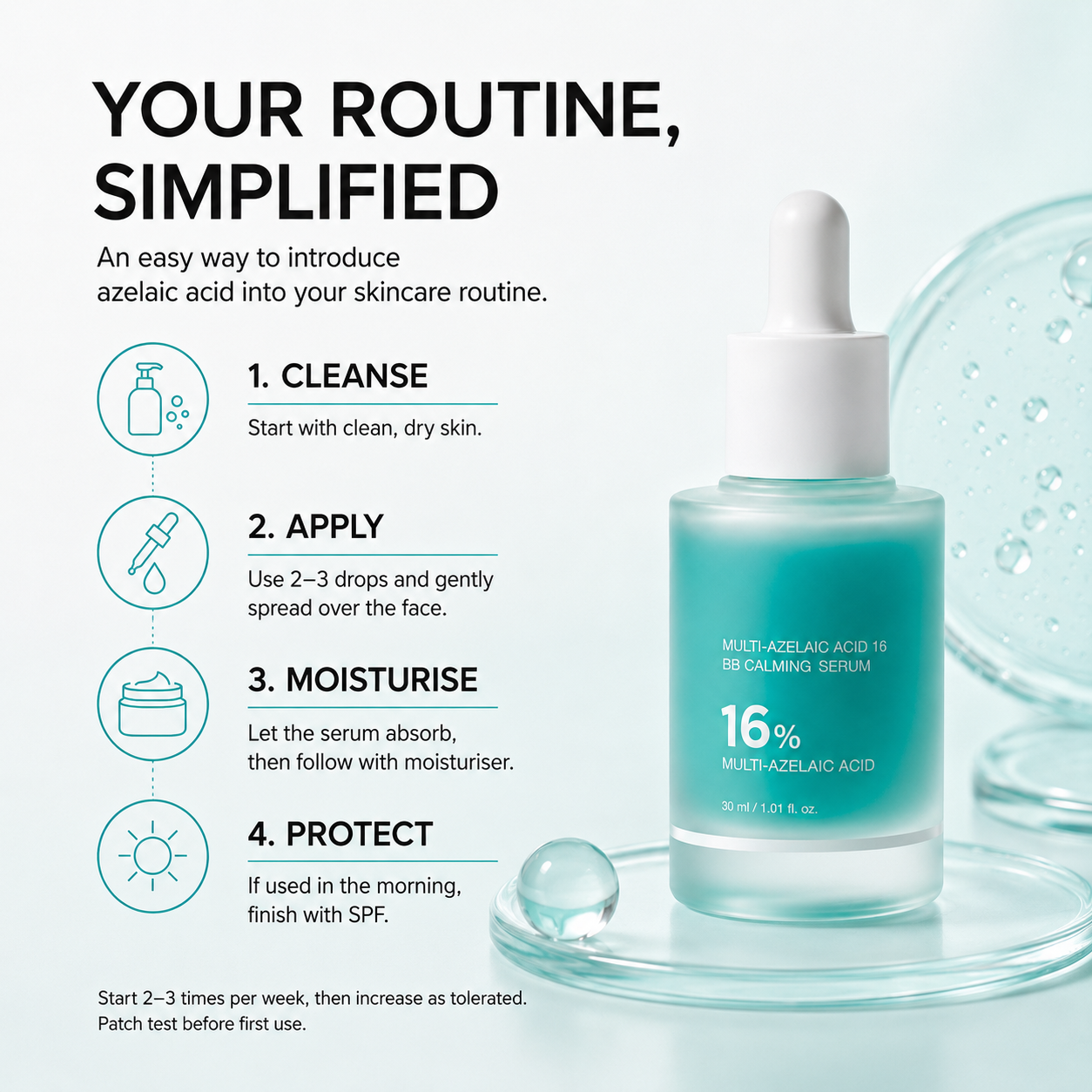 Step-by-step guide for using 16% Multi-Azelaic Acid BB Calming Serum